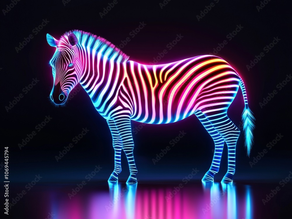 Naklejka premium Stylized zebra in a pastel stripe pattern, standing in the dark, each stripe softly glowing in muted pink, blue, and lavender, creating a striking contrast