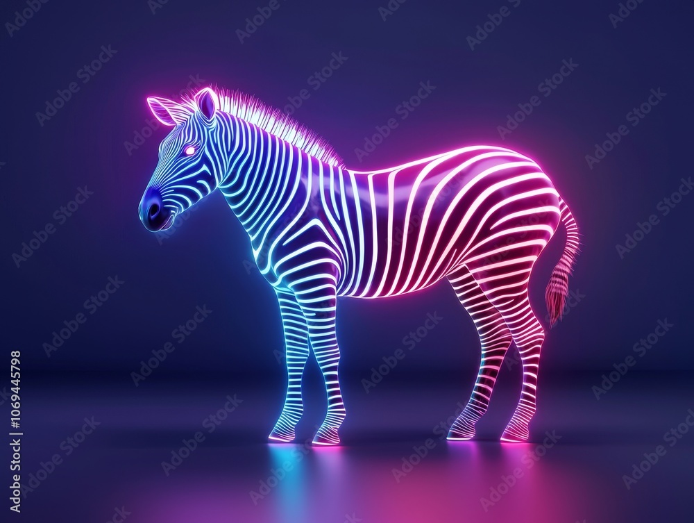 Fototapeta premium Stylized zebra in a pastel stripe pattern, standing in the dark, each stripe softly glowing in muted pink, blue, and lavender, creating a striking contrast