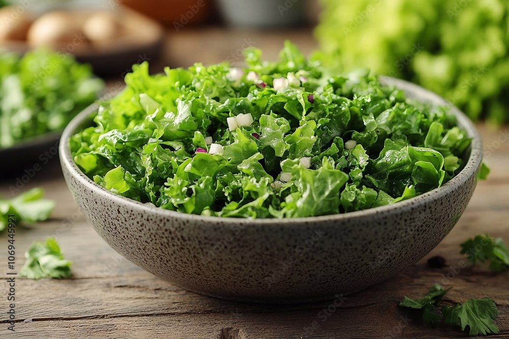 Light plate with green salad on a natural wooden background, empty space for text on the left. Light plate with green salad on a natural wooden background, empty space for text on the left.