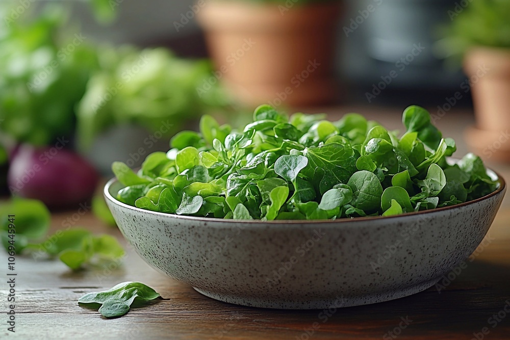 Light plate with green salad on a natural wooden background, empty space for text on the left. Light plate with green salad on a natural wooden background, empty space for text on the left.