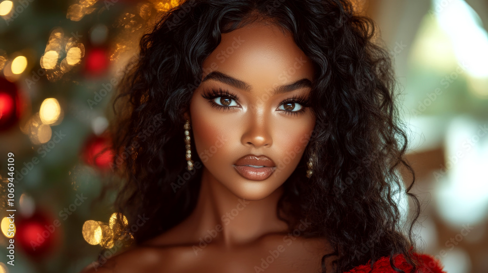 Woman with curly hair and earrings poses in front of out-of-focus lights. Concept of beauty and elegance. Woman with curly hair and earrings poses in front of out-of-focus lights. Concept of beauty and elegance.