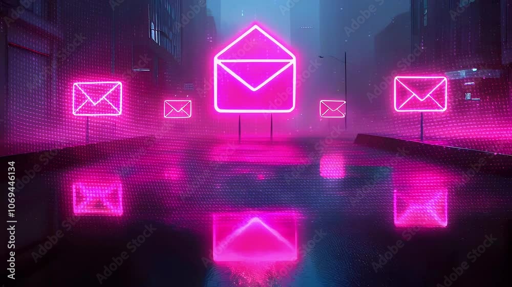 Neon pink mail signs in a foggy city street.