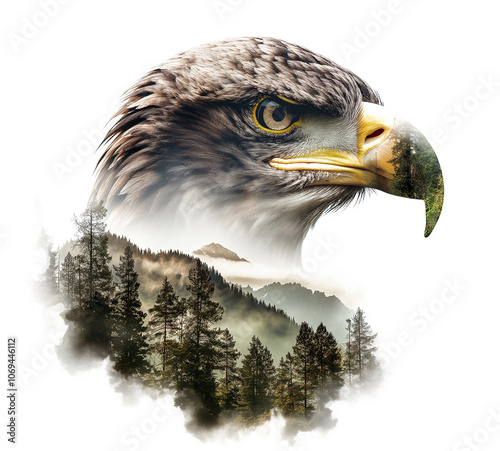 Collage of an eagle head and mountains with forest on a white background. Generative AI