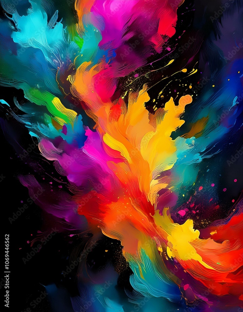 Fototapeta premium Abstract black watercolor background texture, bright multicolored color splashing illustration