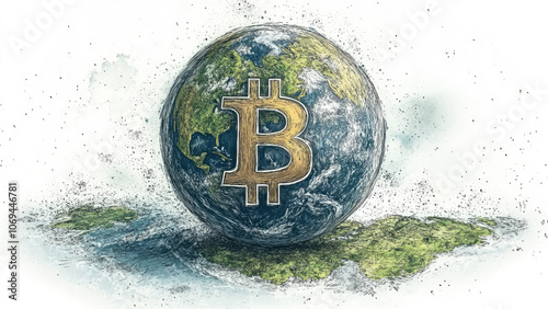 Fototapeta Naklejka Na Ścianę i Meble -  Bitcoin Symbol Over Earth Illustration Representing Global Cryptocurrency Influence