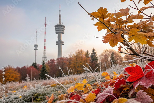 Autumn leaves frame TV tower in frosty landscape photo