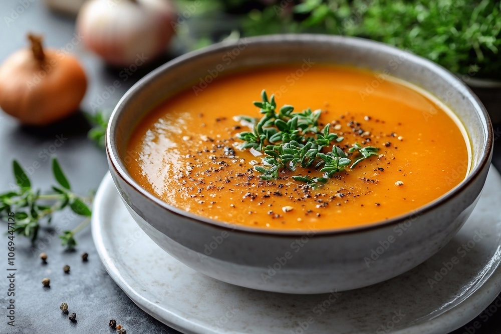 Vegetable soup with herbs in a white plate on a marble table, space for text on the left. Vegetable soup with herbs in a white plate on a marble table, space for text on the left.