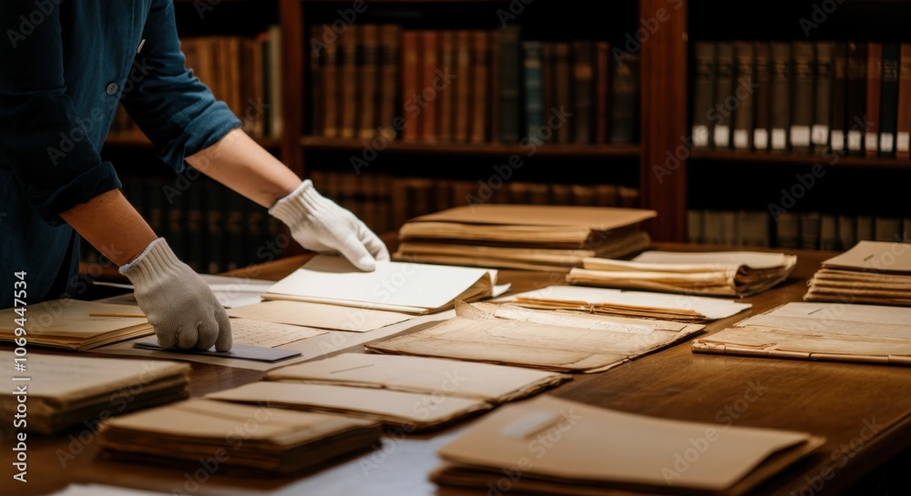 Archivist with white gloves handling old documents in library setting Archivist with white gloves handling old documents in library setting