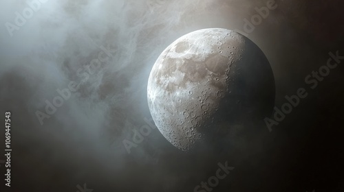 Majestic crescent moon illuminated by soft clouds in a tranquil night sky photo