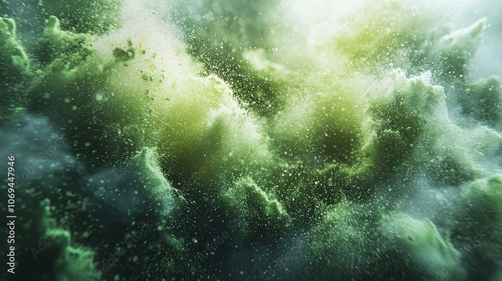 Energetic green powder burst, dynamic freeze, crisp white background, fine particles detail Energetic green powder burst, dynamic freeze, crisp white background, fine particles detail