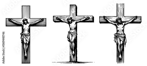 three crucifixes with Jesus depicted in sacred illustration