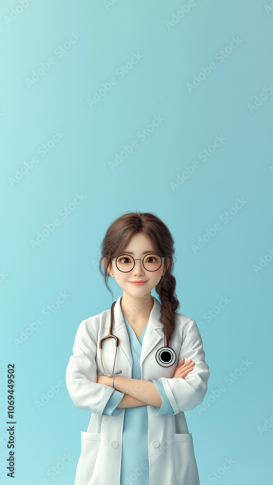 Young woman as Medical Doctor, 3D icon illustration, smiling, eyeglasses, isolated on blue background, concept for website banner, marketing, presentations, advertising. Copy space, aspect ratio 9:16 Young woman as Medical Doctor, 3D icon illustration, smiling, eyeglasses, isolated on blue background, concept for website banner, marketing, presentations, advertising. Copy space, aspect ratio 9:16