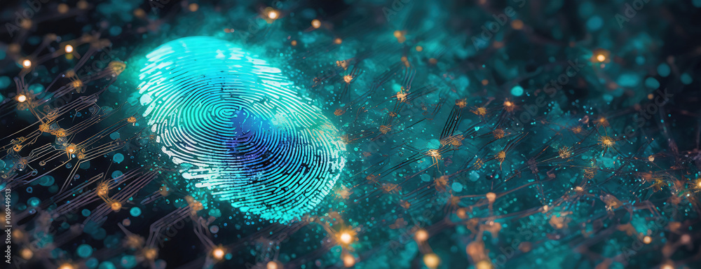A glowing fingerprint on a dark background with intricate circuit patterns and bokeh lights, representing AI technology.