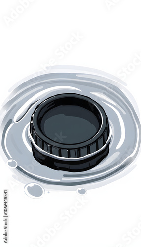 Black Plastic Bottlecap Litter in Water isolated with white highlights, png photo