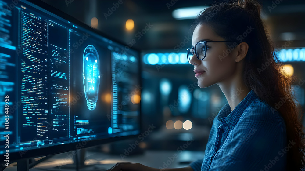 Woman Working on Computer with Code and Brain Illustration Woman Working on Computer with Code and Brain Illustration
