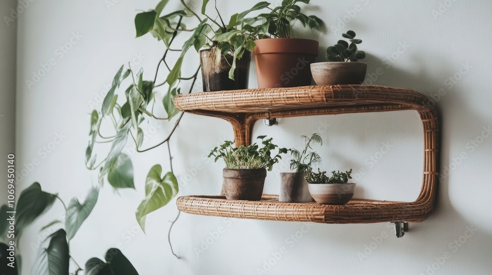 Indoor Plants on Rattan Shelves Against a Wall Indoor Plants on Rattan Shelves Against a Wall