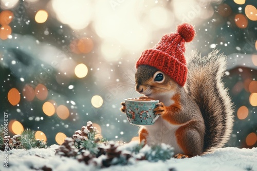 A cheerful squirrel in a knitted hat enjoys cocoa in a snowy winter forest with colorful lights for the New Year holidays