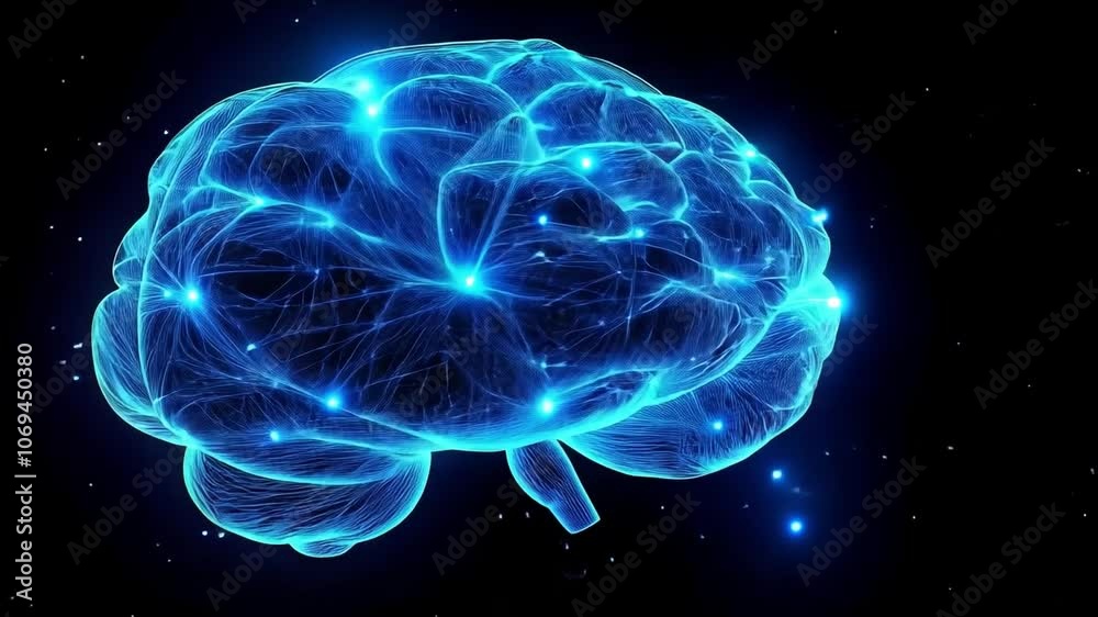 A glowing blue brain illustration highlighting neural connections against a dark background A glowing blue brain illustration highlighting neural connections against a dark background