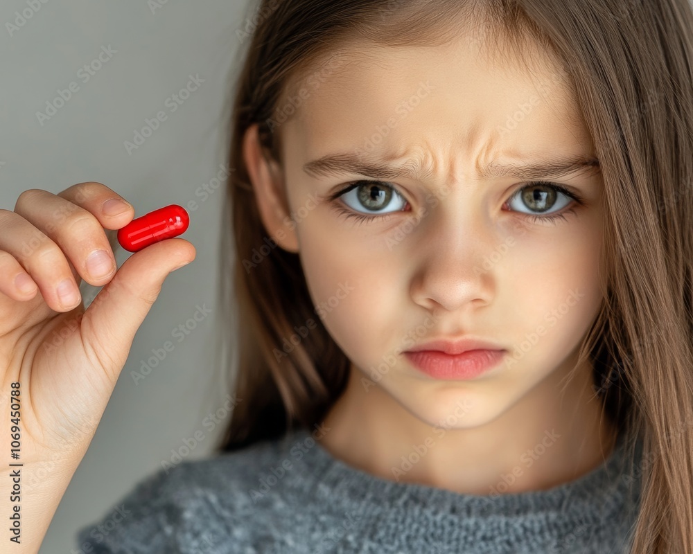 Upset girl holding up red medicine gel cap pill. Allergy, medicine, dermatology, medical school, cold and flu season concept for doctors, teachers, school, and pharmacist. Upset girl holding up red medicine gel cap pill. Allergy, medicine, dermatology, medical school, cold and flu season concept for doctors, teachers, school, and pharmacist.