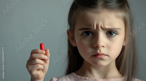 Girl holding up red medicine gel cap pill. Allergy, medicine, dermatology, medical school, cold and flu season concept for doctors, teachers, school, and pharmacist. 