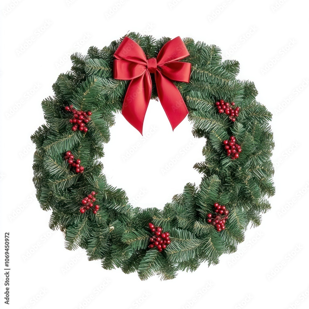 Festive christmas wreath with red bow at the top. Round frame made of conifer branches. Wreath isolated on white background Festive christmas wreath with red bow at the top. Round frame made of conifer branches. Wreath isolated on white background