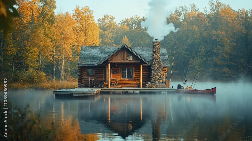 Fototapeta premium Log Cabin by the Lake with Fishing Poles and Canoe