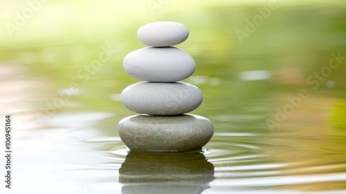 Zen Stones Balanced in Water with Green Blurred Background