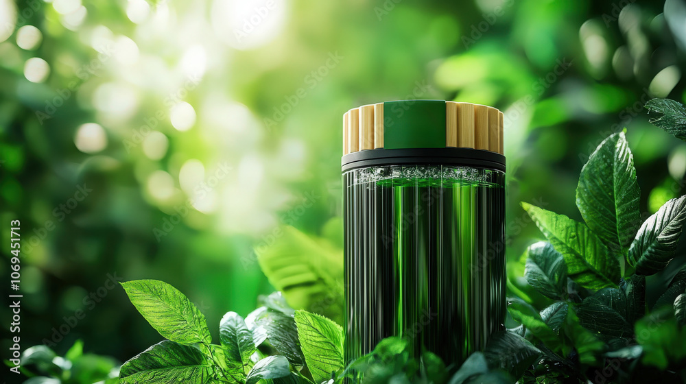 Bottle of eco-friendly product among lush green foliage in a serene natural setting Bottle of eco-friendly product among lush green foliage in a serene natural setting
