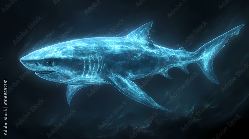 Obraz premium A photorealistic depiction of a bioluminescent shark swimming in the deep ocean, its body glowing with an ethereal light against the inky blackness. Ethereal. Illustration