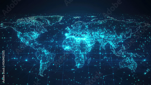 Digital World Map with Glowing Network Connections Across Continents