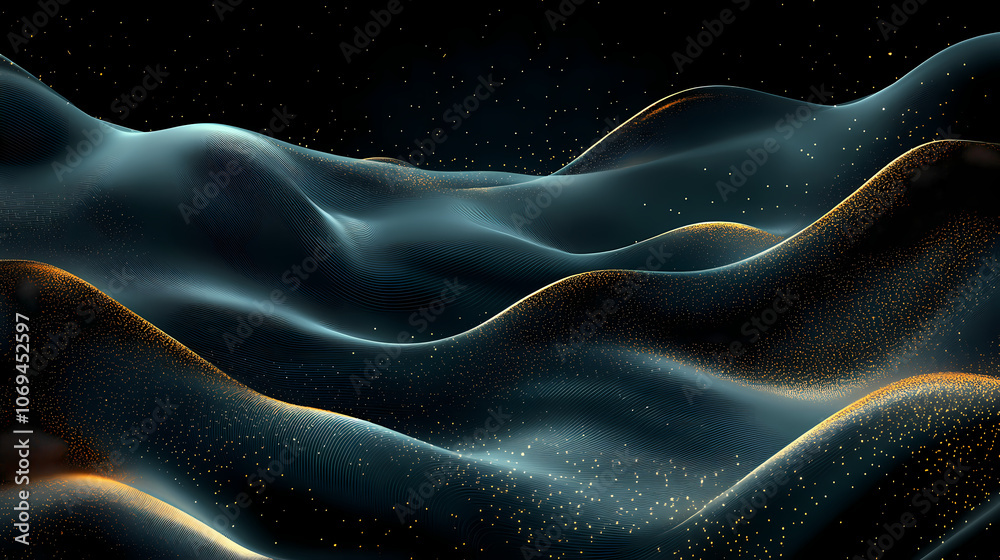 A shimmering abstract design with flowing golden waves and sparkling particles on a dark background. Ethereal. Illustration A shimmering abstract design with flowing golden waves and sparkling particles on a dark background. Ethereal. Illustration