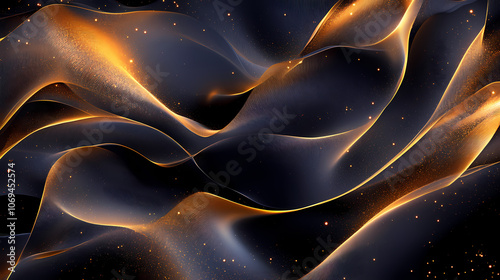 A shimmering abstract design with flowing golden waves and sparkling particles on a dark background. Ethereal. Illustration photo