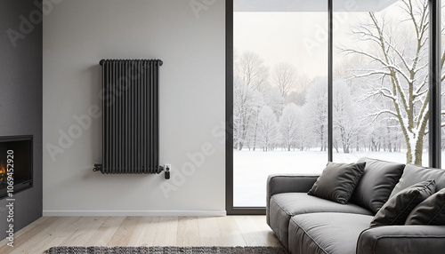Modern living room with snowy winter view through window