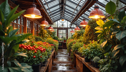 Illuminated greenhouse with lush plants and flowers