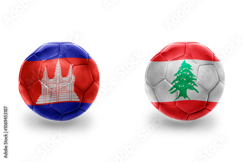 football balls with national flags of lebanon and cambodia,soccer teams. on the white background. photo