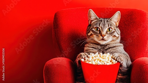 Cute cat enjoying movie with popcorn in red armchair photo