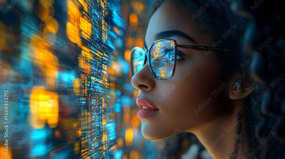 Woman Looking at Digital Code Illustration Woman Looking at Digital Code Illustration