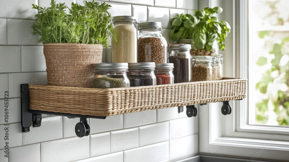 Stylish Kitchen Shelf with Herbs and Spices Arrangement Stylish Kitchen Shelf with Herbs and Spices Arrangement