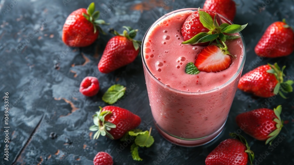 Fresh Strawberry Smoothie in a Glass with Fresh Berries