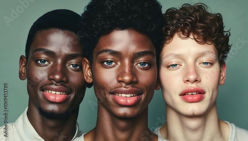 Obraz na płótnie Portrait of diverse group of handsome young men smiling, happy people, black and white person, cheerful teenagers, w salonie