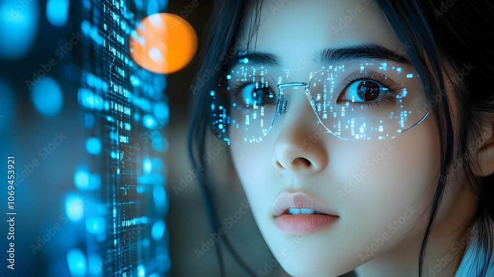 Woman with Glasses Wearing Digital Code - Realistic Image Woman with Glasses Wearing Digital Code - Realistic Image