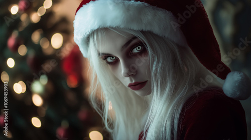 A professional portrait of a cute girl wearing a classic Santa hat, her pale skin and faint fangs creating a playful contrast photo