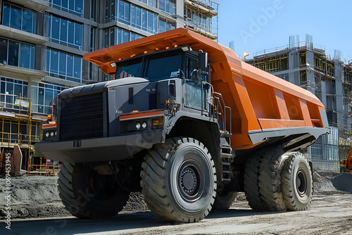 Large orange dump truck parked on a dirt road with a partially finished building in the background.