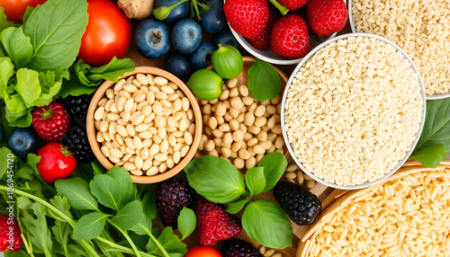 Fresh raw healthy food ingredients. Proteins, carbohydrates, fats. Grains, Pulses and Vegetables. Fruit, Berries and Leafy Greens isolated with white highlights, png