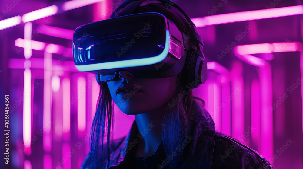 A woman with long dark hair wears a VR headset and headphones. standing in a room lit by neon pink lights.