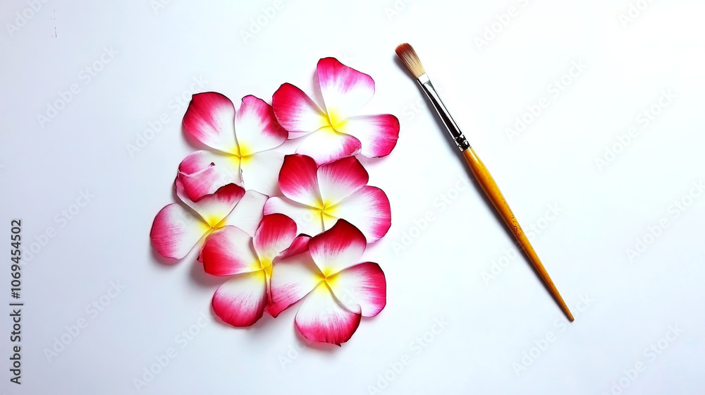 Pink and white flower petals are scattered next to a paintbrush on a plain surface. Concept of art and nature. Pink and white flower petals are scattered next to a paintbrush on a plain surface. Concept of art and nature.