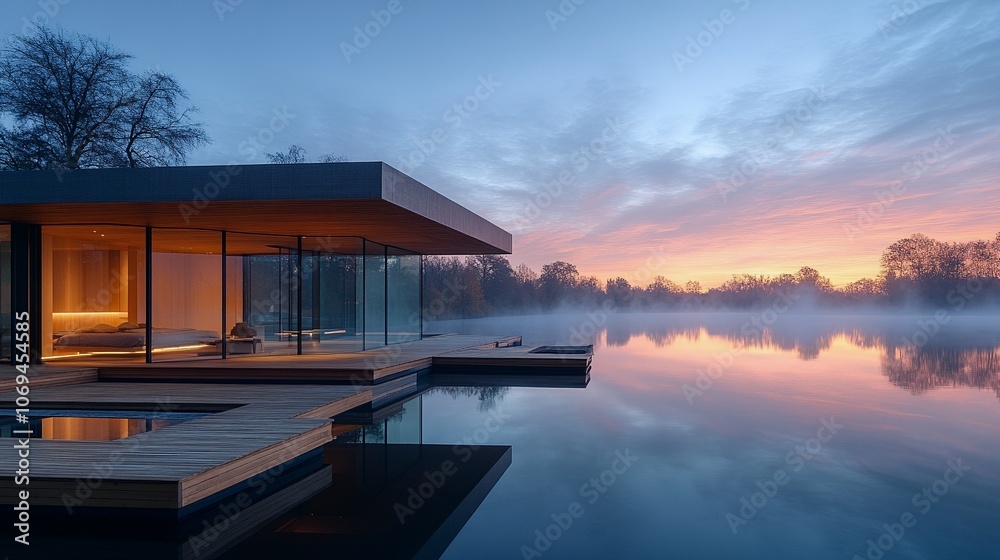 Lakeside Pavilion with Wooden Platforms and Glass Walls at Dawn Lakeside Pavilion with Wooden Platforms and Glass Walls at Dawn