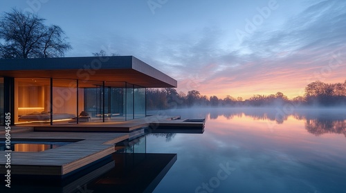 Lakeside Pavilion with Wooden Platforms and Glass Walls at Dawn