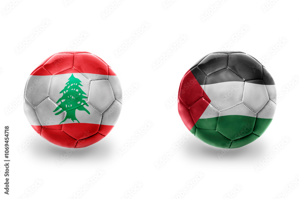 Fototapeta premium football balls with national flags of palestine and lebanon ,soccer teams. on the white background.