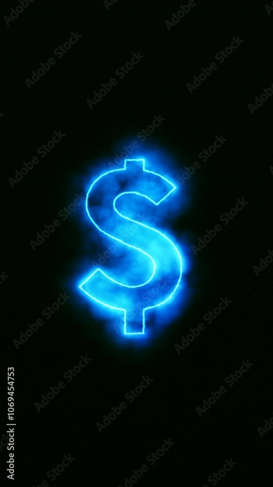 Dynamic american currency dollar sign engaging design animation in vertical format. USD symbol bright blue graphics surrounded by misty clouds, luminous element single on black screen Dynamic american currency dollar sign engaging design animation in vertical format. USD symbol bright blue graphics surrounded by misty clouds, luminous element single on black screen